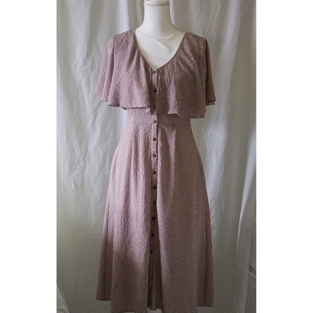 ODDY Beige Prairie Gingham Button Front Capelet Midi Dress Crisscross Back Small